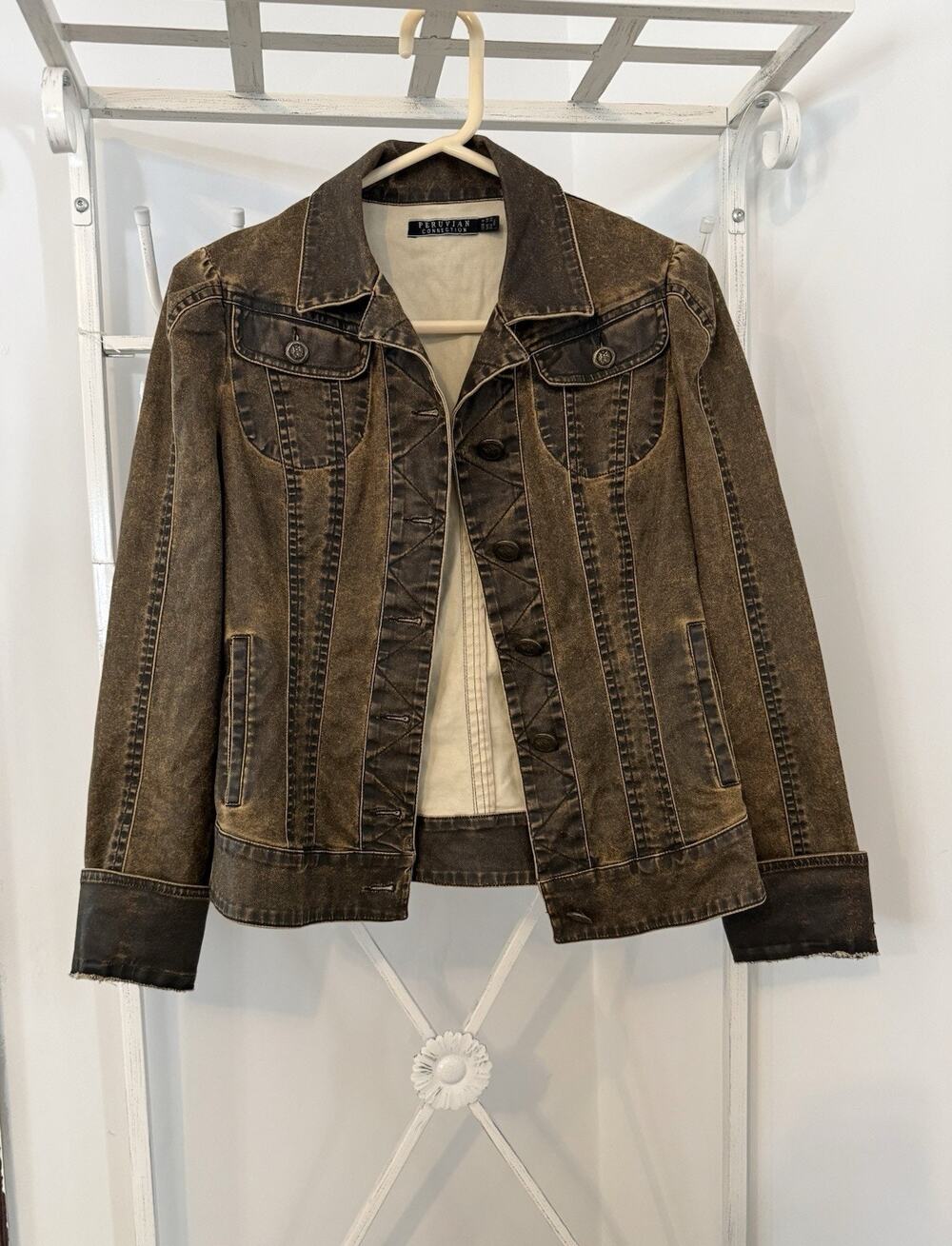 Peruvian Connection faded brown woman’s jacket preppy country colege sz 6